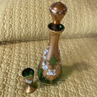 Bohemian Emerald Green Decanter 1 Cordial Glass Enamel Flowers And 24k Design