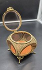 Vintage Filagree Brass  Amber Beveled Glass Ormulu Jewelry Box Casket 4 Sided 