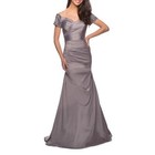 La Femme Silver Off The Shoulder Beaded Satin Trumpet Gown Dress Size 14  488