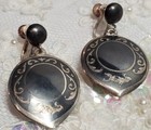 Vintage Siam Sterling Silver Black Enamel Nielloware Non Pierced Earrings 11 5gr