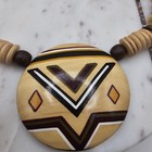 Vtg Handmade Tribal Necklace Wood Disc Bead Geometric Pendant Boho Statement 25 