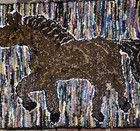 Handmade Hand Hooked Folk Arty Horse Rug With Multicolored Background 41   x 24   
