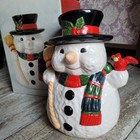 Vintage World Bazaars Ceramic Snowman Cookie Jar Holding Broom   Cardinal W Box 