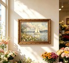Vintage Gold Framed Coastal Landscape Wall Art  Wildflower And Sailboat Oil P   