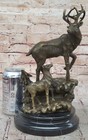 Signed Original Male Stag With His Baby Fawn Bronze Sculpture Marble Base Statue