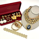 Lot Of 15 Gold Tone Vintage Jewelry Necklace Bracelet Earrings Pin