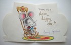 50 s Mouse At Spinning Wheel Quilting Emboss Vintage Birthday Greeting Card  g11