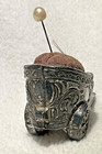 Antique Victorian Silver Plated Metal Pin Cushion In Shape Of A Roman Chariot