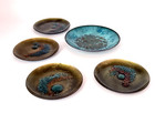 Vintage Bovano Of Cheshire Enamel On Copper 5 Pc Dish Set Mid Century Blue Green