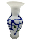 Hand Blown Frosted White Glass Vase With Cobalt Blue And Green Details