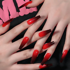 Skinny Long Coffin  red Black Ombre  Full Cover Blend 24 Nail Tips Glue Set 
