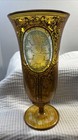 Antique Bohemian Amber Flashed Glass Vase Etched Cut To Clear 6    Vintage