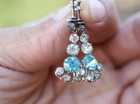 Vintage Aqua Rhinestone Screwback Dangle Earrings Mid Century Silver Tone
