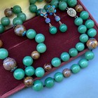 Vintage  Chinese Silver  Carved Jade Jadeite Beaded Necklace  Earrings