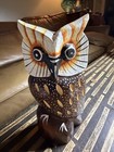 Hand Carved Wood Owl Figurine 10    Hand Painted Folk Art Brown White Boho Decor