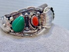 R  Begay Old Pawn Sterling  Native American Navajo Coral Turquoise Cuff Bracelet