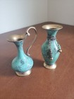 Vintage Solid Brass   Enamel Blue Mini Vase   Pitcher Made In India 5 5  Tall
