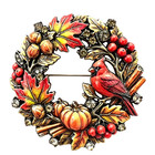Vintage Christmas Wreath Brooch Pumpkin Red Rhinestone Cardinal Fall Pin Jewelry
