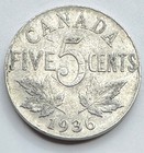 1936 Canada Five Cent Coin - 5c - Canadian Nickel - 5 Cents - Free Shipping
