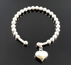 Womens Solid Sterling Silver 925 Bangle Open Cuff Heart Pendant Charm Bracelet