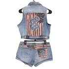 Rocawear Y2k Denim Patchwork 2-pc Set Size L Cropped Vest   Shorts Usa Patriotic