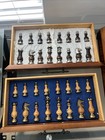 Vintage C Italy Chess Set Heavy Brass Nickel Metal Wood Pieces Storage Board