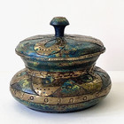 Turned Wood Box Round With Lid Teal Brass Detail Hand Crafted Vintage Boho