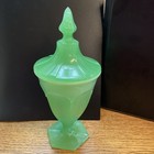Antique Vaseline Apothecary Jar  Green Glass With Lid