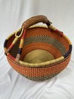 African Bolga Market Basket Hand Colored Bamboo Woven With Leather Handle 15   h