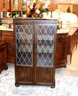 English Oak Leaded Glass Bookcase   Display Cabinet With Light