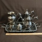 Silverplate Tea Coffee Set W  Sugar Creamer Water Pitcher Tray Ornate Baronet