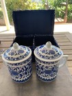New In Brocade Box Blue And White Tea Cups With Lids Set Of 2