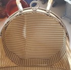 Vintage Round Box Handbag Gray Beige Plastic Metal Striped Interior