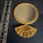 Vintage Gold Tone Fan Handle Compact Mirror Ornate Scalloped Handheld Vanity