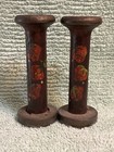 2 Antique Wooden Spools Made In England W  Hand Painted Strawberries 5 25    Tall 