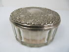 Vtg Glass Body Powder Box Jar Mirror Lid W  Puff   Screen Vanity Silver Top S5