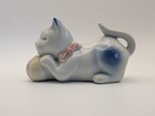 Porcelain White   Blue Cat Kitten Figurine W  Ball Pink   Bow Made In China