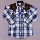 Ely Cattleman Mens M Blue White With Silver Trim Plaid Pearl Snap Western Shirt 