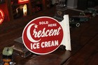 Scarce 1950s Crescent Ice Cream Dealer 2 Sided Painted Metal Flange Sign Moon