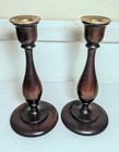 Pair Antique 19th Century Turned Wood   Brass Candlesticks Candle Holders Euc