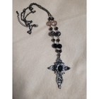 Gothic Gunmetal Black Beaded Cross Pendant Necklace Victorian Filigree Statement