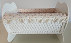 Vintage Wicker Baby Doll Rocking Cradle Wood Bottom With Bedding 