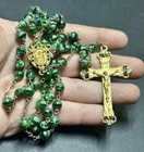 Vintage Irish St  Patrick Green Glass  Rosary Prayer Beads W shamrocks As-is
