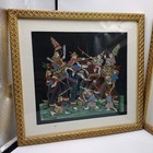 Vintage  Thai Silk Painting Ramakien Battle Scene Elephants Red Gold Framed 
