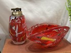 Vintage Murano Style Art Glass Ashtray And Table Lighter Set Red And Yellow Mcm