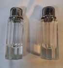 Vintage Faceted Glass Salt And Pepper Shakers Set Octagonal Silver Tone Caps