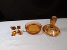 Vintage Amber Glass Boxtle Perfume Bottle Puff Box W  Gold Overlay Decoration