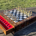 12 6       Handmade Chess Set  32 Metal Pieces  Storage Walnut Wood Board  Black