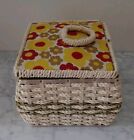 Vintage Dritz Wicker Sewing Basket Box With Handle Floral Top Orange Yellow 