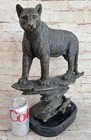 Signed Bronze On Marble Moutain Lion Puma Cougar Cat Statue Sculpture Art Novea